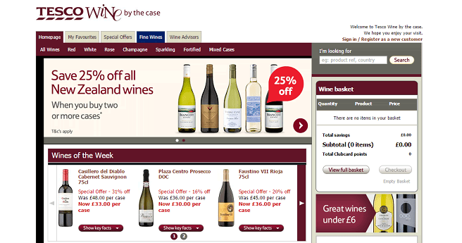 Tesco Wine By The Case Homepage Screenshot