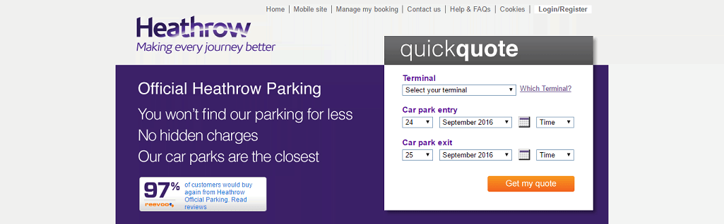 Heathrow Airport Parking Homepage Screenshot